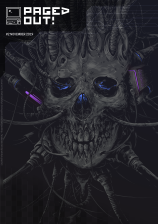 Cover image of Paged Out! issue 2 depicting a cyborg skull with violet-glowing electronic parts and blue-glowing eyes, with a lot of wires going out of - or into - the skull from the blackness of the background. In the top left corner, there is the magazine's logo - an icon of an old computer and text saying Paged Out! in capital letters.