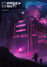 Cover image of Paged Out! issue 1 depicting two futuristic looking soldiers with heavy rifles in the foreground, and a high hangar with a ray-punk looking zeppelin inside in the background. The hanger is surrounded by high cliffs. In the top left corner, there is the magazine's logo - an icon of an old computer and text saying Paged Out! in capital letters.