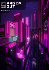 Cover image of Paged Out! issue 3 depicting a futuristic cityscape at night with a strong cyberpunk aesthetic. The scene is bathed in shades of purple and pink neon lights, illuminating various signs and the outlines of the buildings. The architecture is dense with towering skyscrapers and multiple levels of infrastructure that suggest a highly urban environment. The city has a vertical design, with deep chasms between the buildings, and a clear view of the sky above, which features a digital grid pattern, adding to the digital, cybernetic vibe of the image. On top left there is the magazine's logo - an icon of an old computer and text saying Paged Out! in capital letters.