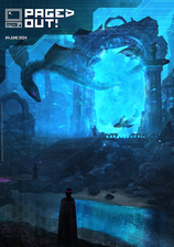 Cover image of Paged Out! issue 4 depicting dark fantasy-like ruins of a stronghold with glowing runes inscribed in multiple places and a large stone arc with an active portal, from which flying serpents emerge; 2 mages with staffs and one without seem to be controlling the portal and - hopefully - the serpents. On top left there is the magazine's logo - an icon of an old computer and text saying Paged Out! in capital letters.