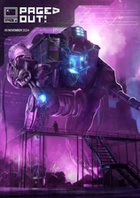 Cover image of Paged Out! issue 5 depicting a huge mech standing in a repair bay, with several mechanics working on it. On top left there is the magazine's logo - an icon of an old computer and text saying Paged Out! in capital letters.