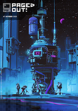 Cover image of Paged Out! issue 7 depicting three astronauts working on a technical looking building-size structure on what appears to be either a very large space station or a base on a planet with no atmosphere. On top left there is the magazine's logo - an icon of an old computer and text saying Paged Out! in capital letters.