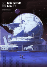 Cover image of Paged Out! issue 8 depicting two astronauts walking towards what looks like a medium size habitat on a moon or another planet without atmosphere. Behind the habitat you can see some hills, and in the deep background another planet/moon and starts. On top left there is the magazine's logo - an icon of an old computer and text saying Paged Out! in capital letters.