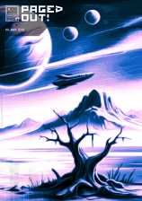 Cover image of Paged Out! issue 9 depicting an AMIGA-style pixel art with an alien planet. In the foreground there's a tree without leaves and some dark grass. In the background above the tree a space ship is zooming through the atmosphere. On the horizon you can see far away mountains, and in the sky one large planet and two smaller ones. On top left there is the magazine's logo - an icon of an old computer and text saying Paged Out! in capital letters.