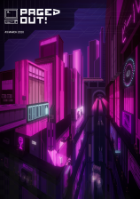 Thumbnail of the cover of the third issue. It depics a scene from the center of a futuristing metropolis with bright neons, high builting, flying cars and such. Near the middle of the picture a person is stopped by surveillance drones. In the top left corner there is the magazine's logo - an icon of an old computer and text saying Paged Out! in capital letters.